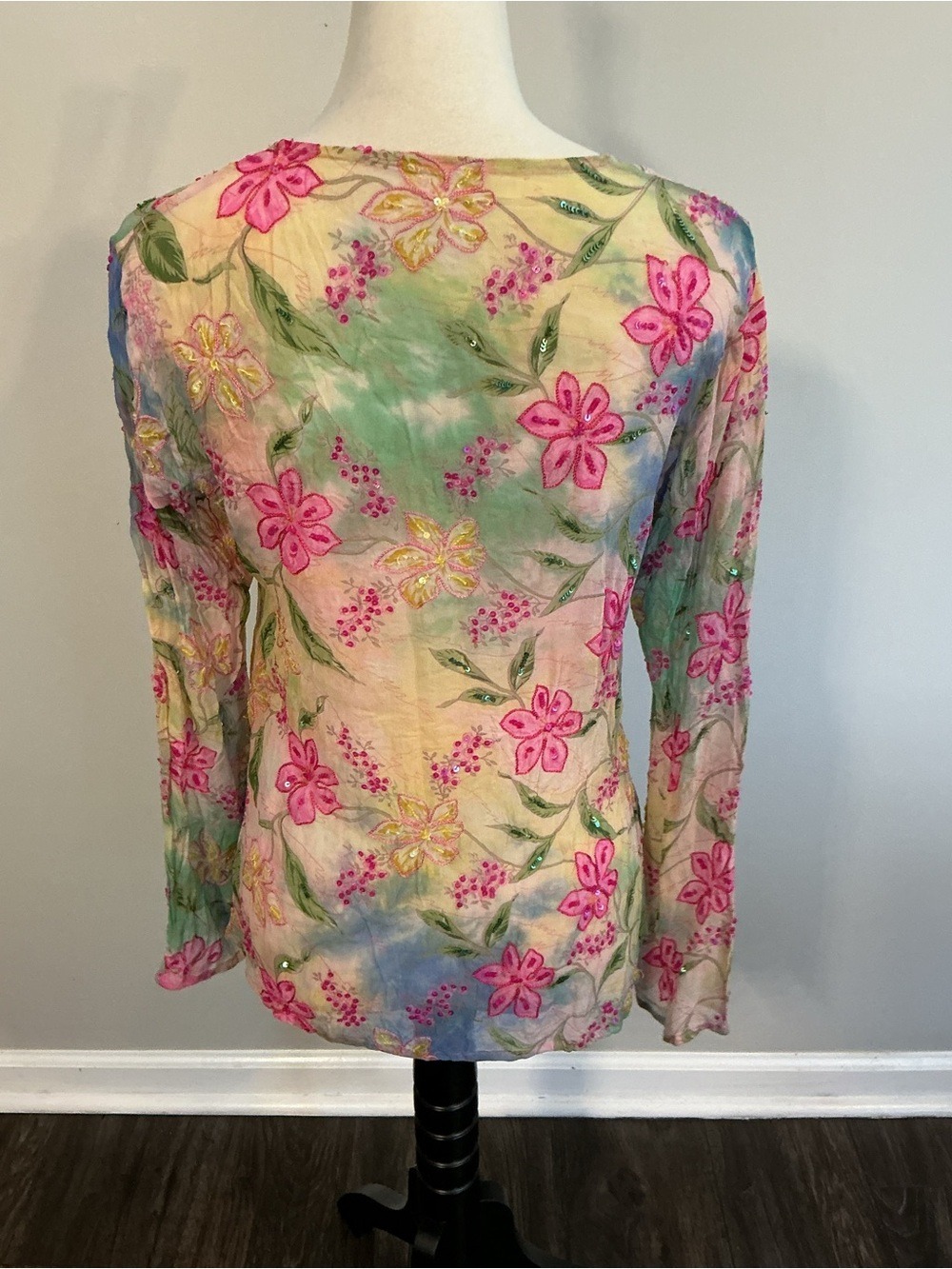 Floral Mesh V-Neck Long Sleeve Top - Pink Green - Picture 5 of 9